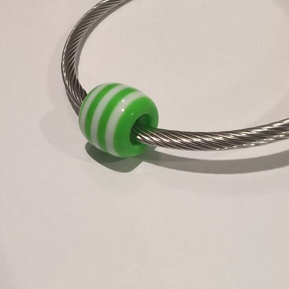 Green and White Striped Charm for Pandora Style Bracelet - Picture 3 of 4